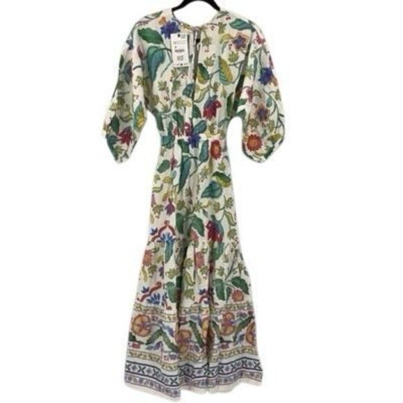 NWT Zara Multicolor Floral Linen Blend 3/4 Sleeves Knotted Maxi Dress Size XS - Picture 4 of 13